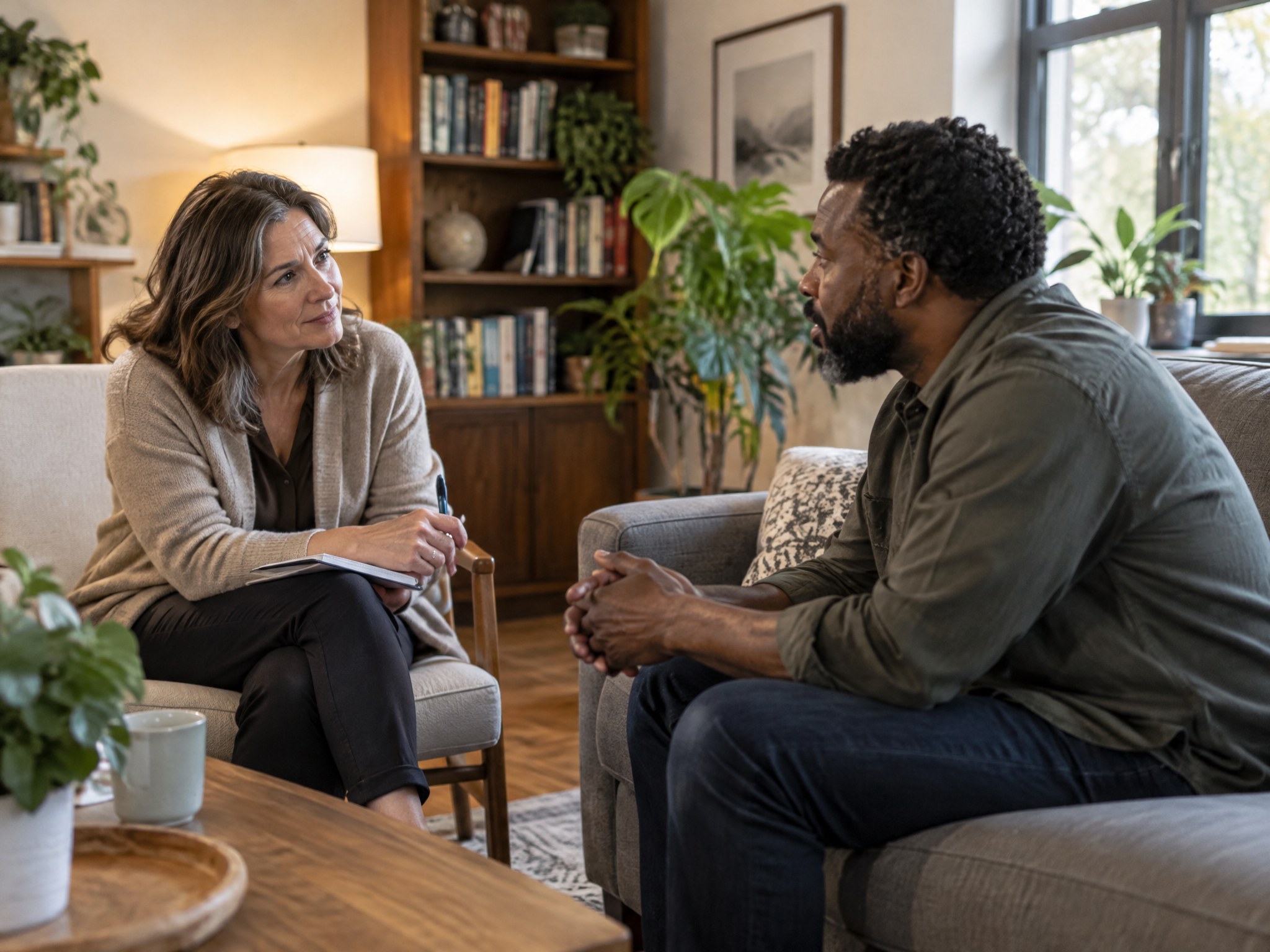 A counselor listening attentively to a client in a softly lit consultation room