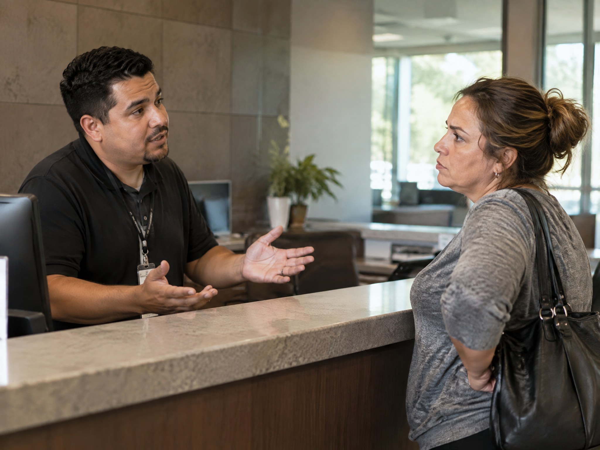 A staff member calmly talking with a visibly concerned visitor at a service desk