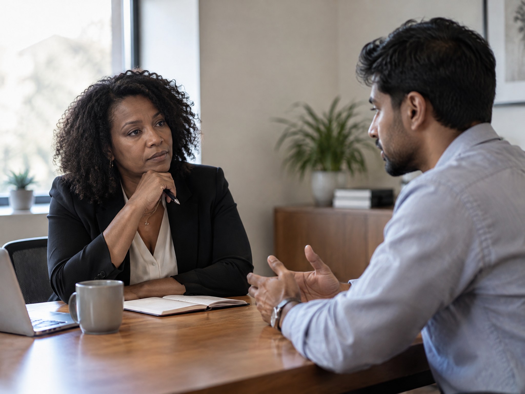 Two professionals seated across from each other in a calm office, having a serious, respectful conversation