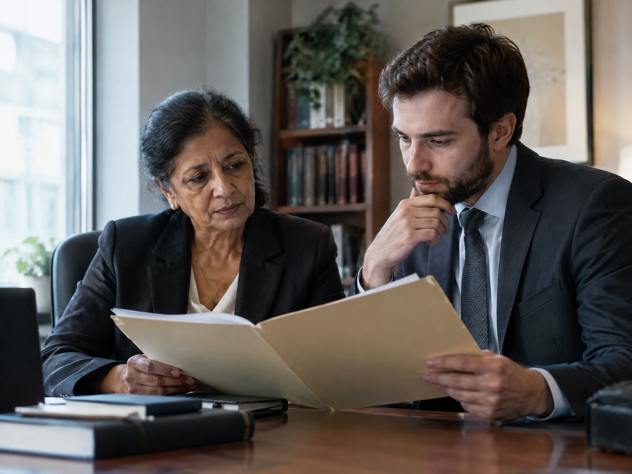 Two professionals in thoughtful discussion over a document in a quiet office