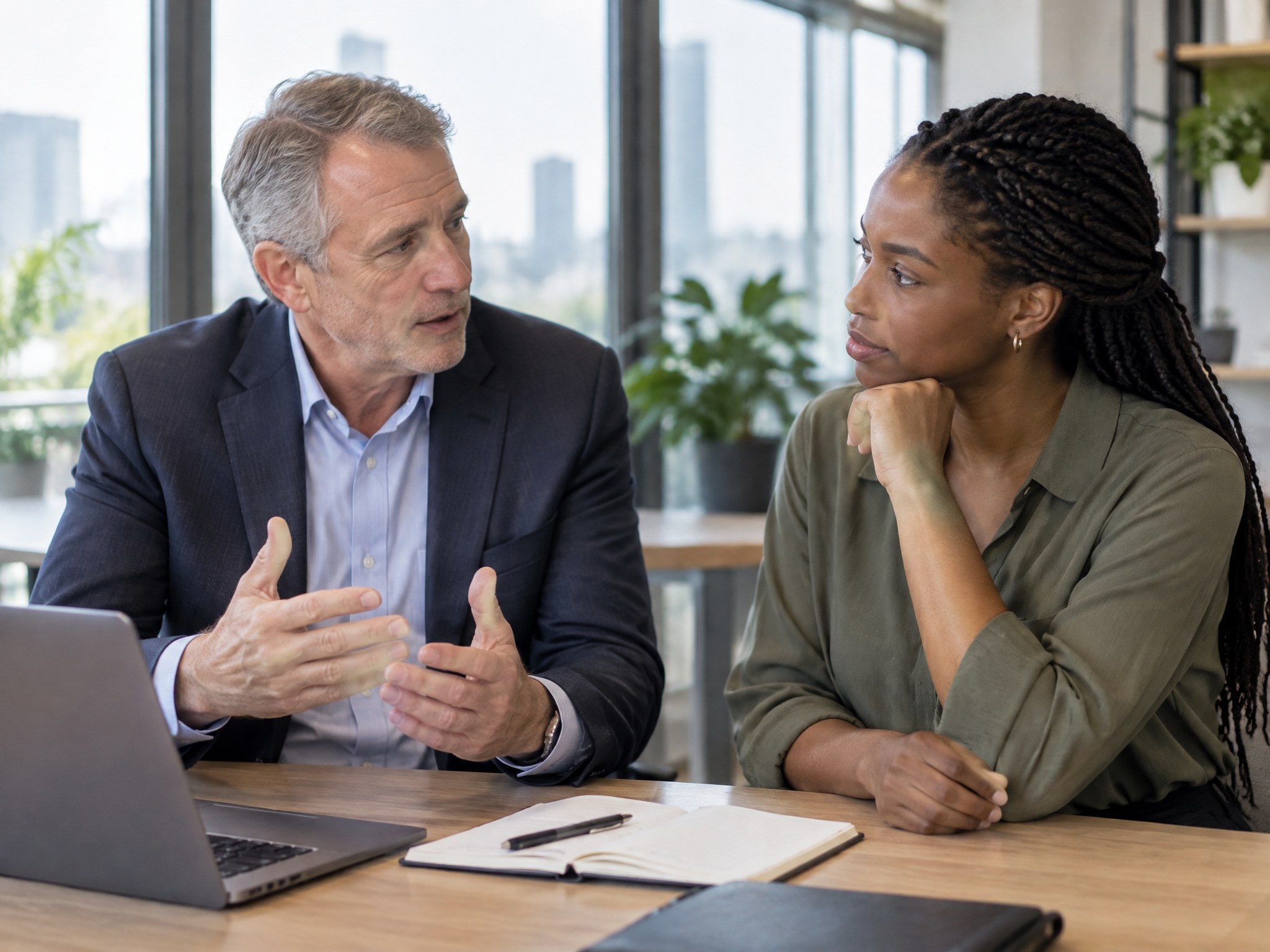 A manager holding a one-to-one feedback conversation with a colleague