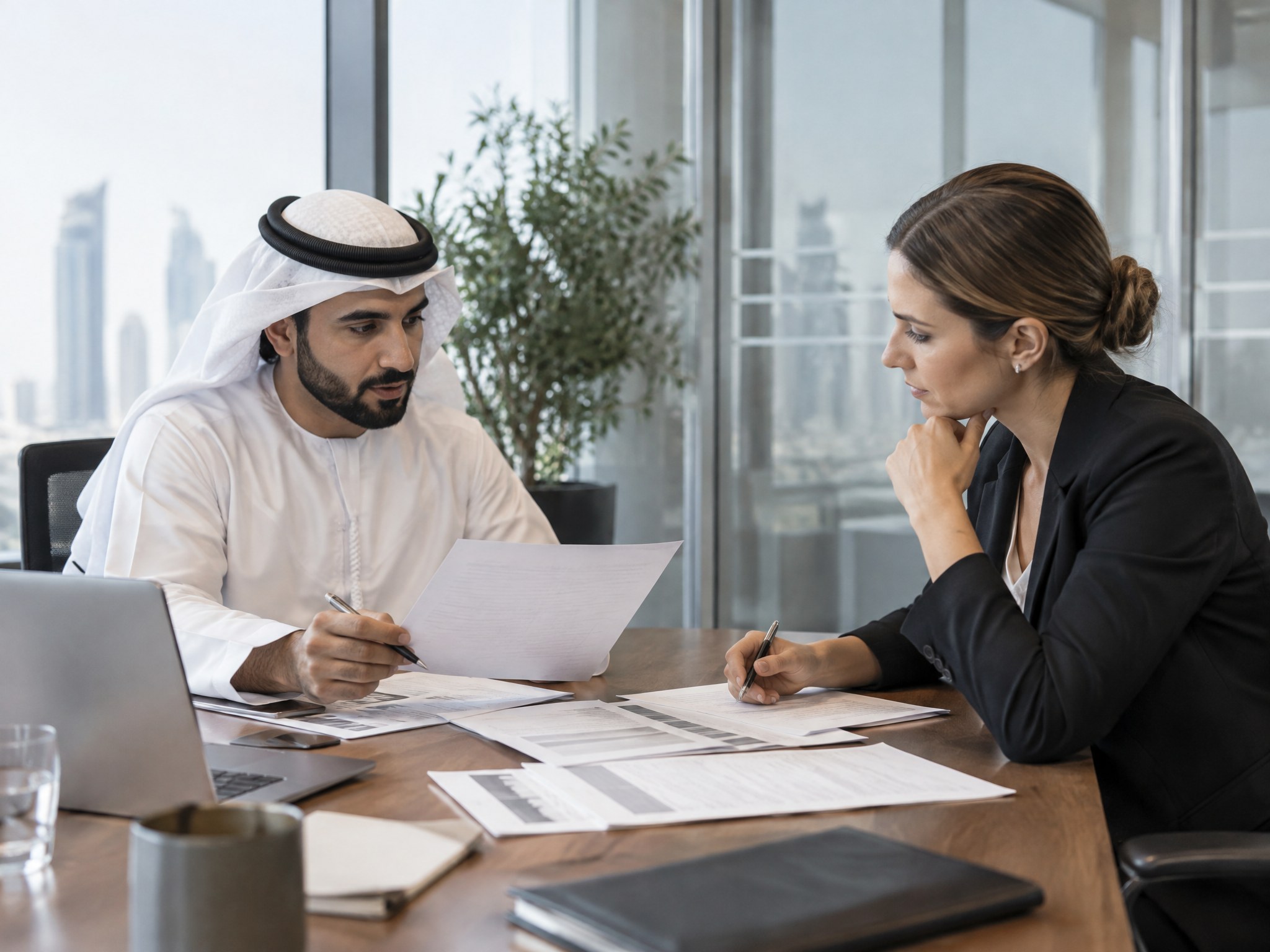Two professionals discussing papers across a meeting table during a negotiation