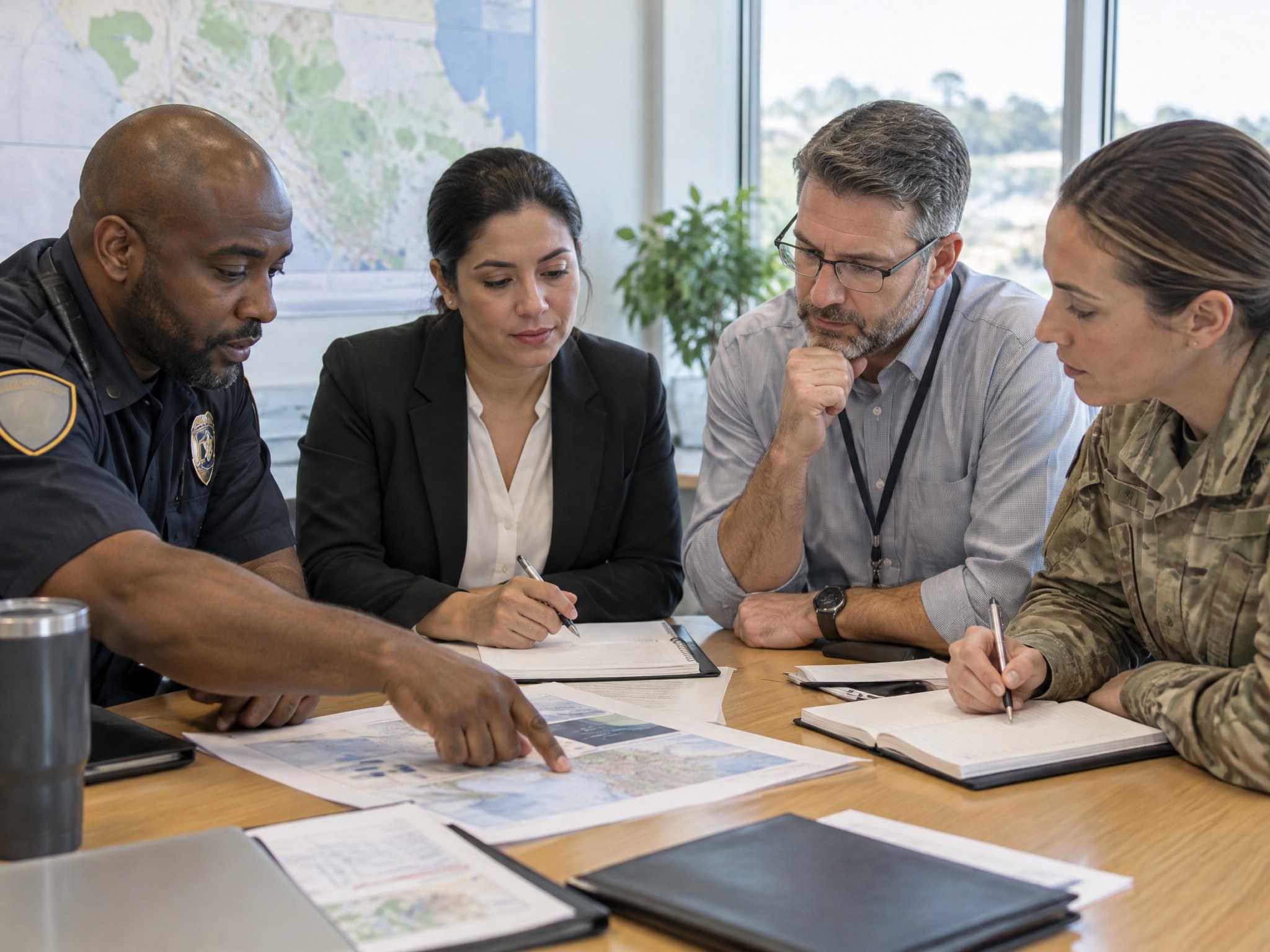 Professionals from different agencies planning together with documents spread on a table