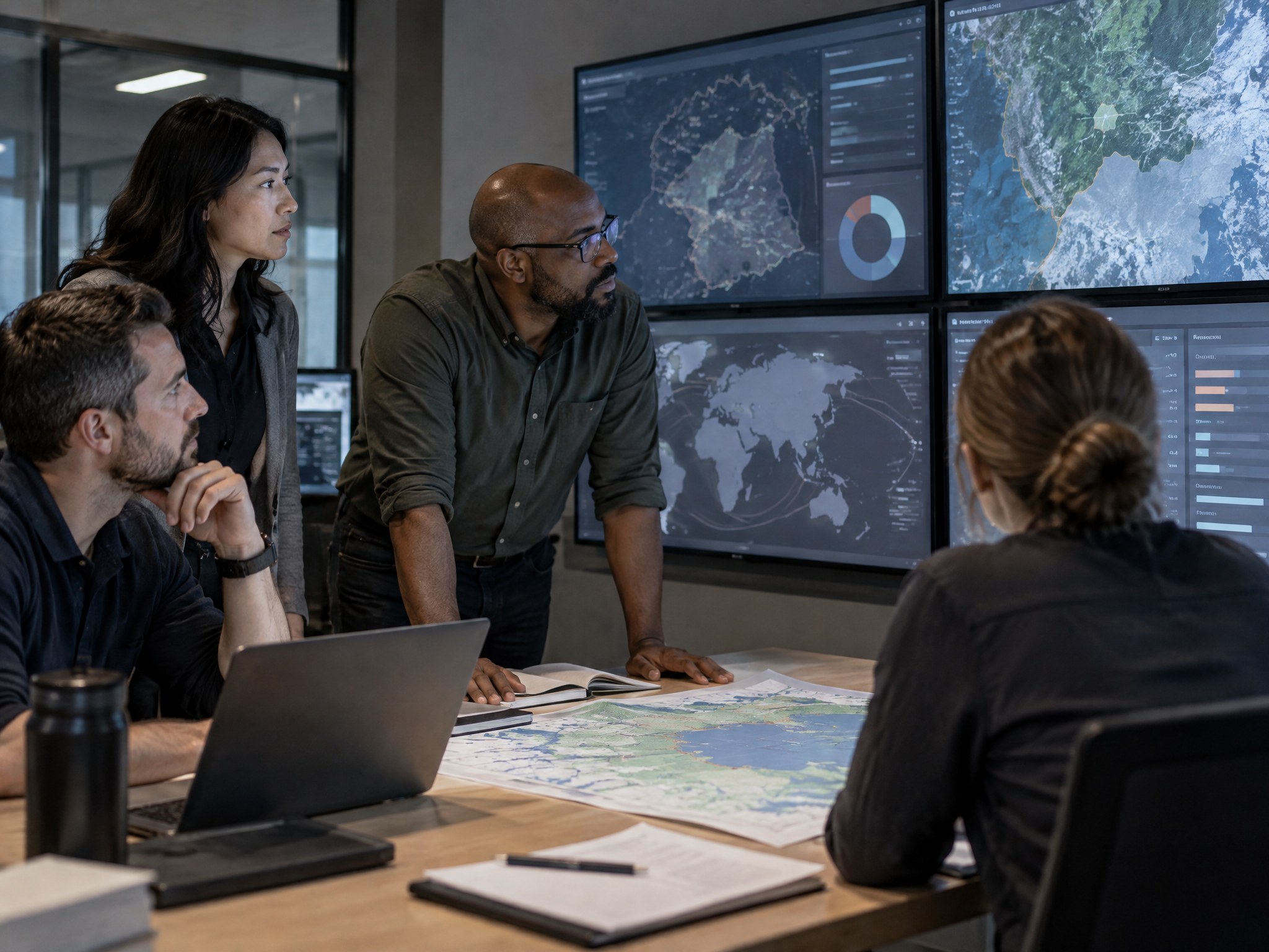 A calm coordination room where a small team reviews information on screens