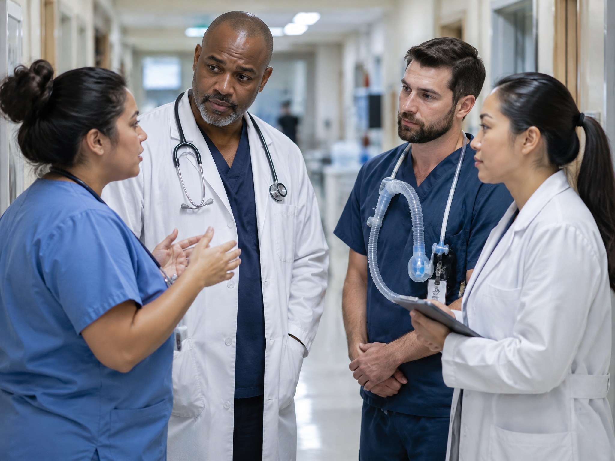 A clinical team of four in a hospital corridor huddle, discussing next steps