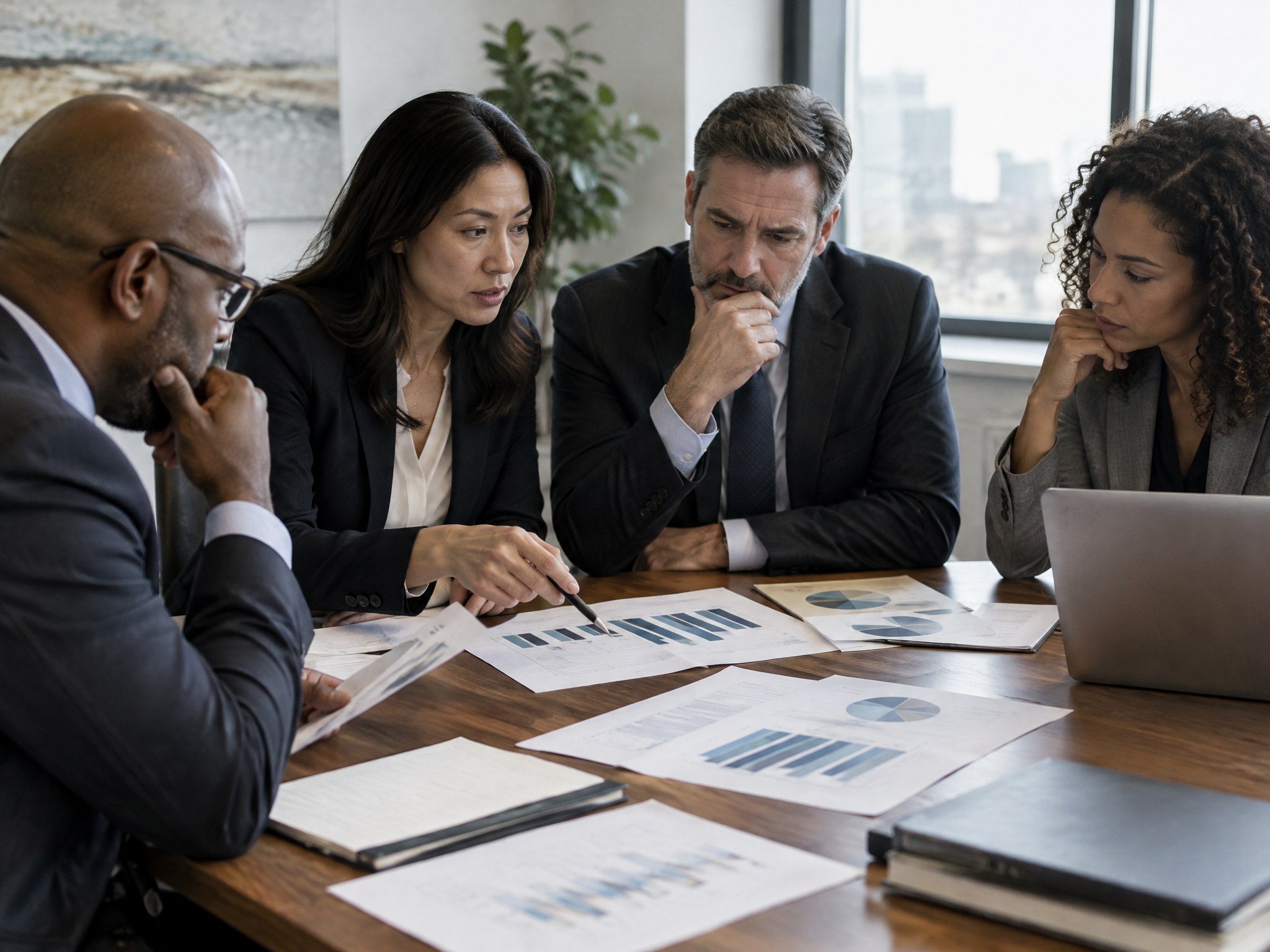 A leadership group reviewing budget planning materials in a meeting room