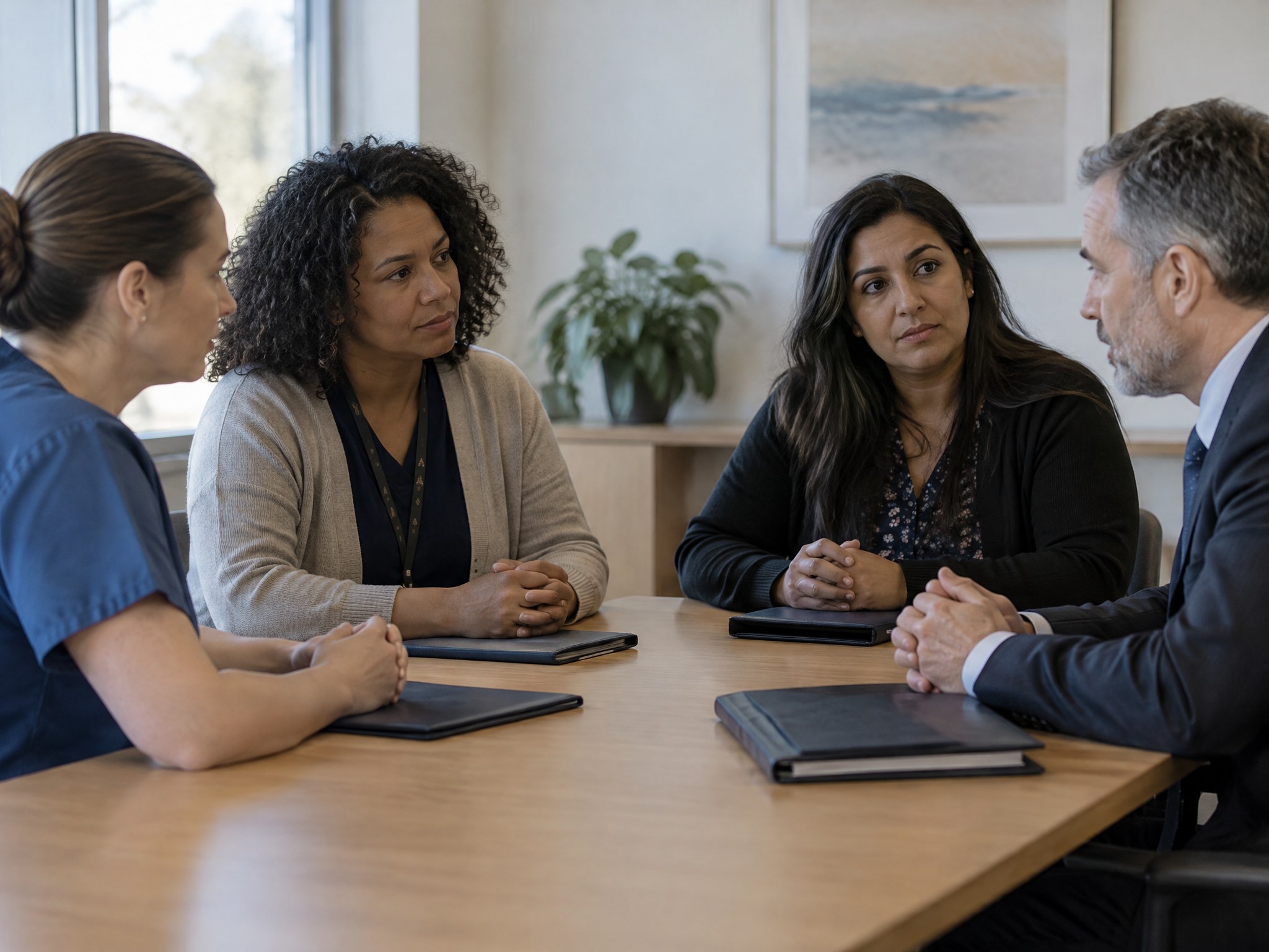 A small multiagency team holding a private case discussion around a table
