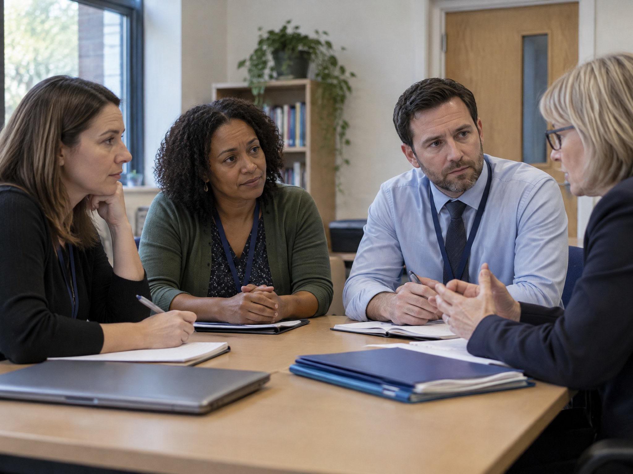 School staff and a social worker in a safeguarding meeting around a table