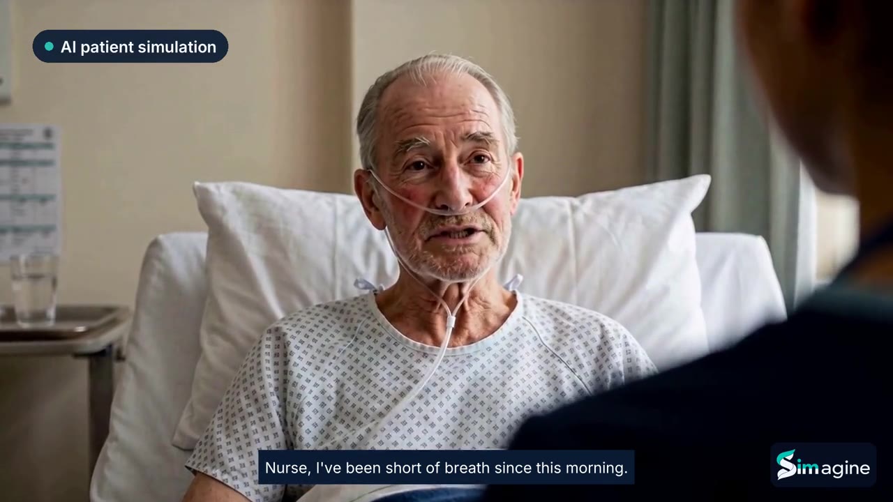 Older patient in a hospital bed talking to a nurse — still from the Simagine demo video